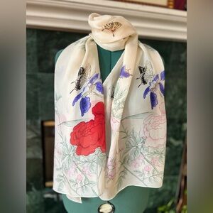 Lovely MG KFCC Silk Floral Scarf Rose Iris Print Long Wrap 19”x70” EUC